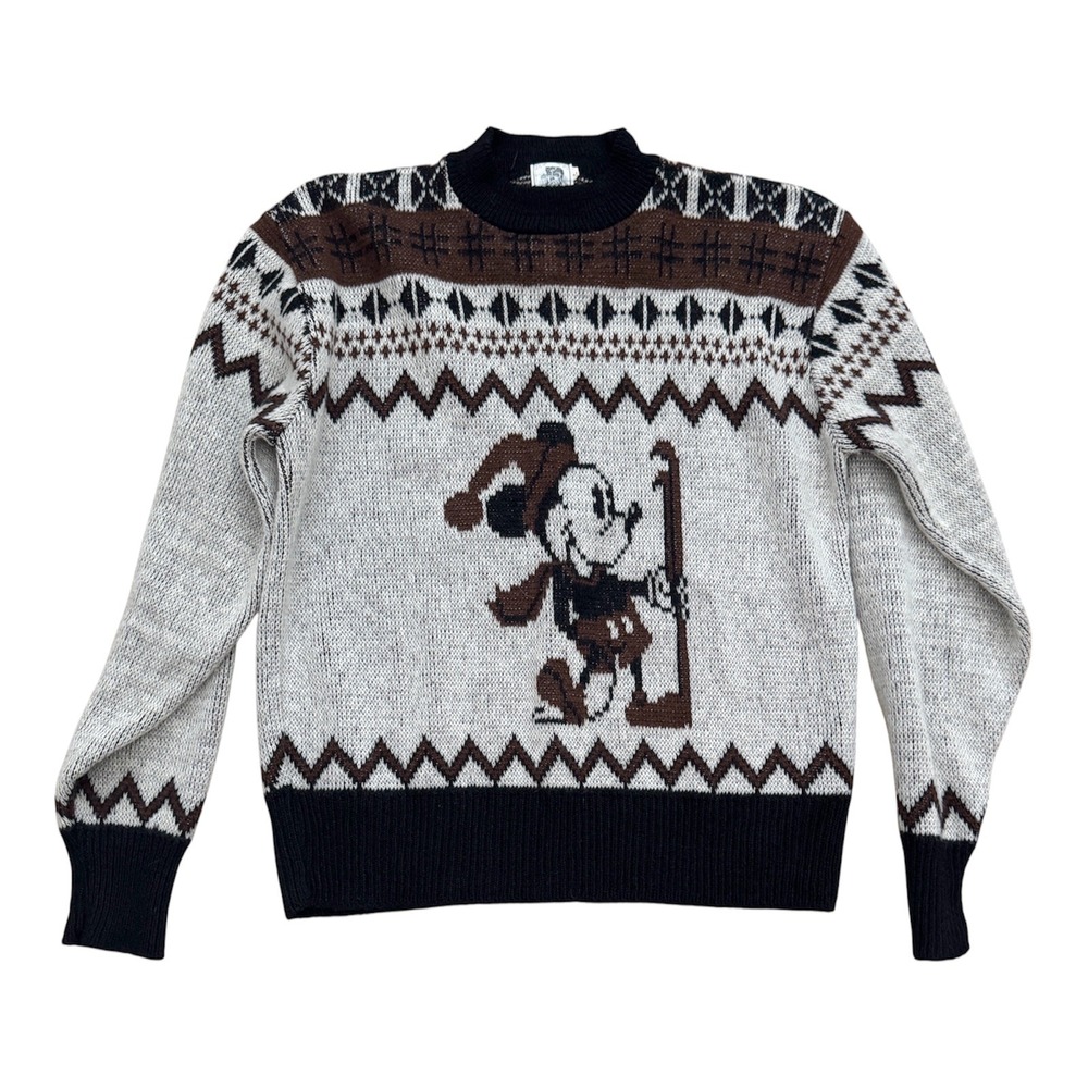 MICKEY MOUSE Women's Vintage Rare Brown Kennington Fair Isle Knit Sweater-Large
